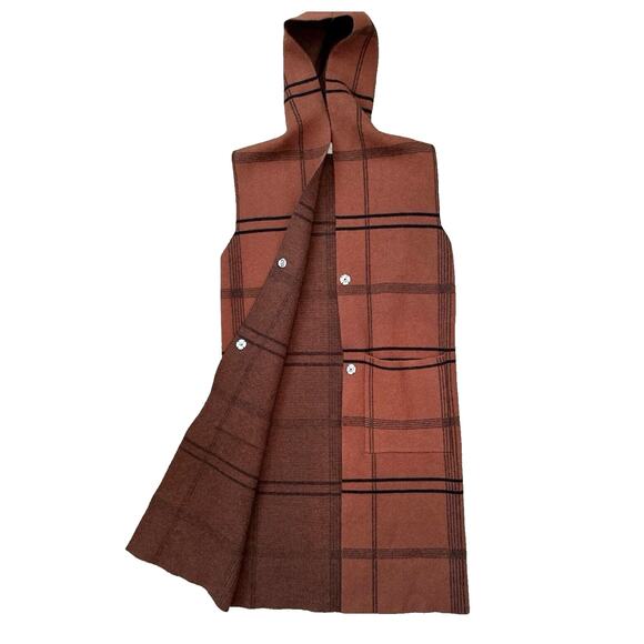 JADE Plaid Orange Brown Long Vest Button Down Vest Hoodie Women's Small /Medium - Picture 1 of 8